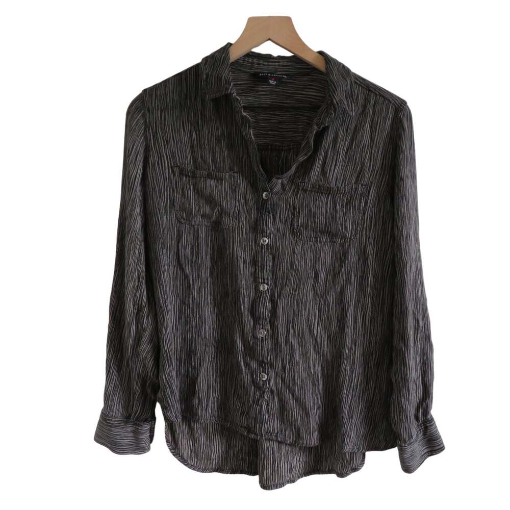 Rock & Republic Womens Sz S Black and Gray Striped Top Buttonfront Long Sleeve